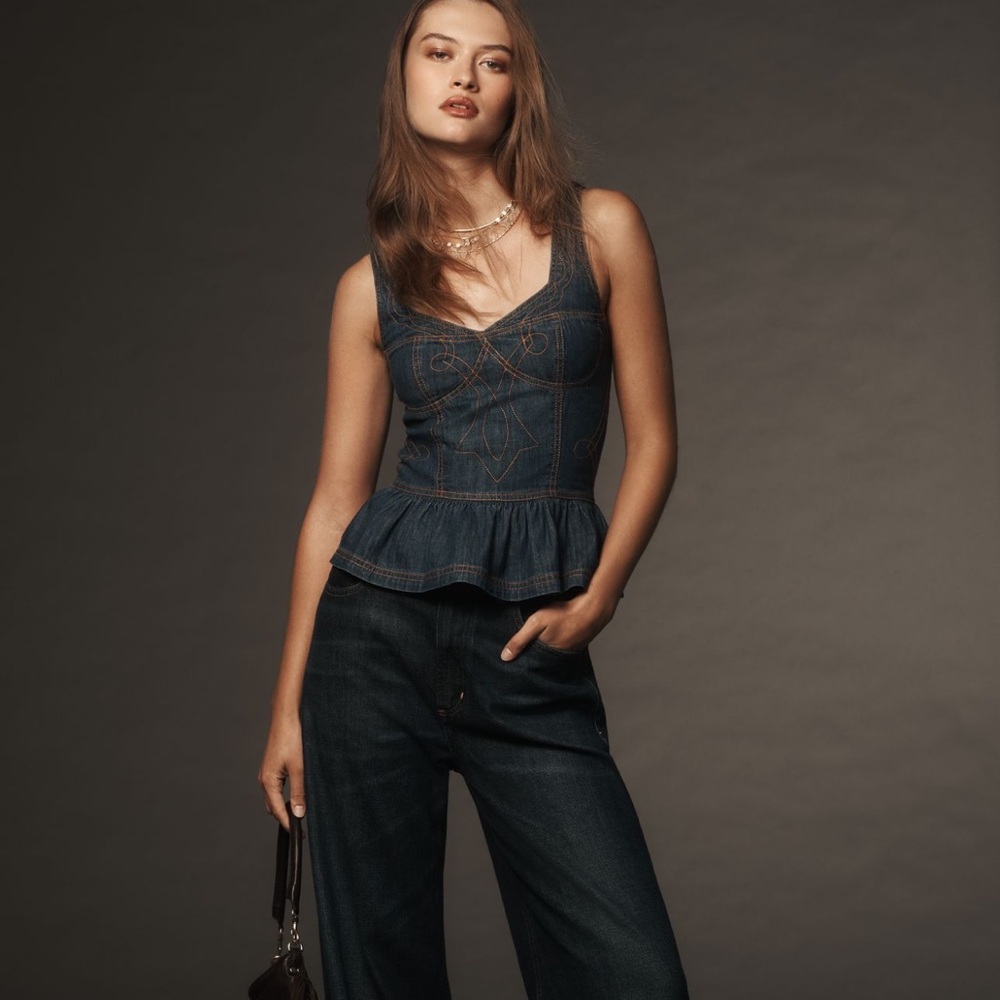 Anthropologie Embroidered Peplum Corset Denim Top - Picture 12 of 14